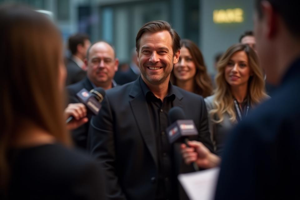 Artist engaging with media representatives at a press event